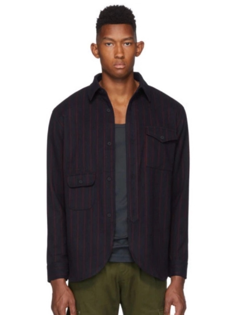 Han Kjobenhavn Navy Red Pinstripe Army Shirt Wool Blend Overshirt Minimalist